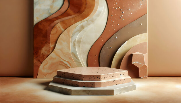 Poduims A terrazzo podium in the shape of a hexagon, with earthy tones of terracotta and beige, against an a4