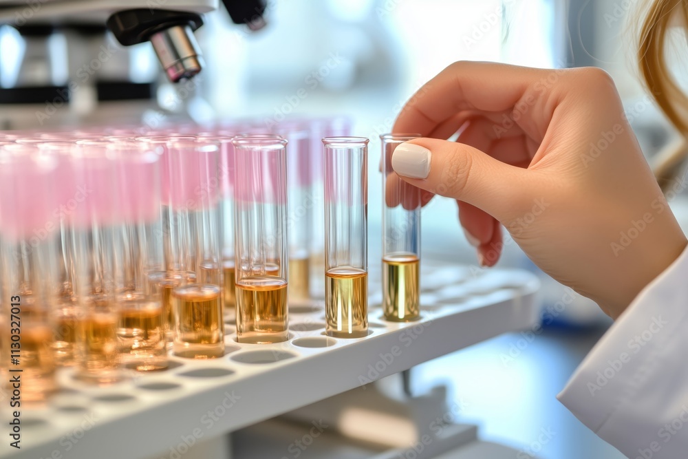 Poster laboratory technician arranging test tubes in a rack close up view emphasizing the tubes