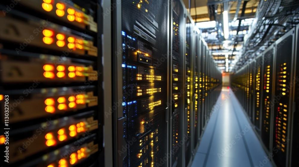 Leinwandbilder A corridor of servers with illuminated indicators in a data center.