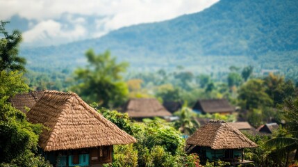 Serene Mountain Village: Thatched Roof Houses Nestled in Lush Greenery