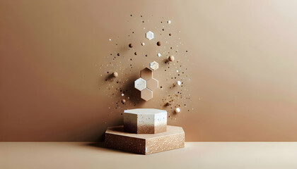 Poduims A minimalist mocha mousse color background with a terrazzo hexagon podium, featuring flecks of gold 3