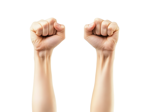 Raised fists in the air symbolizing strength and unity, isolated on a white background. PNG transparent.