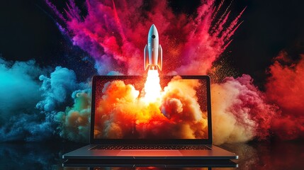 Rocket launching from laptop screen amidst vibrant colorful smoke and fire.