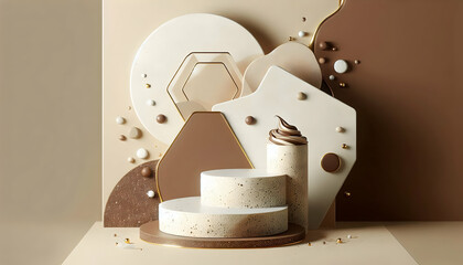 Poduims A minimalist abstract mocha mousse background paired with a terrazzo hexagon podium, featuring cream4