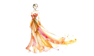 Fototapeta premium Elegant fashion sketch of woman in flowing orange gown with watercolor effects, showcasing blend of colors and graceful design
