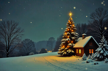 Cozy house with snow-covered roof and warmly glowing windows features decorated Christmas tree with bright lights, star on top in the front yard, surrounded by snow-dusted bushes and wintry landscape.