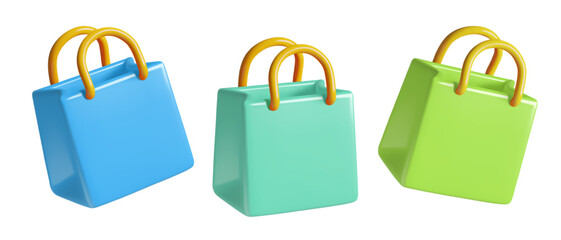 Green and blue mall shopping bags 3d realistic vector icons set. Cute paper gift bags render in spring colors. 