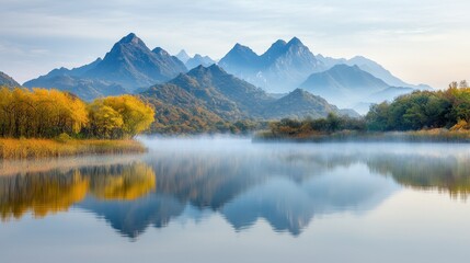 This stunning print captures the serene beauty of a traditional Chinese landscape, featuring a tranquil lake reflecting the towering mountains in the background