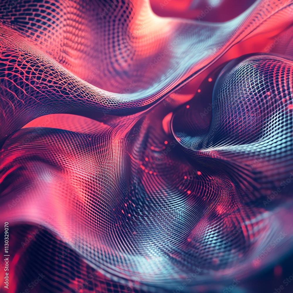 Poster abstract red and blue wavy lines in a grid pattern.
