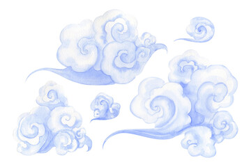 Watercolor blue swirl clouds clipart in Asian style. Curly light chinese hand drawn sky illustration isolated on background. Orient Buddhist motifs, in watercolor sketch style. Asian lunar drawing for