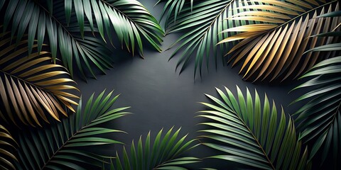 Naklejka premium Dark Background Tropical Palm Fronds Design Element Featuring Gold and Green Leaves