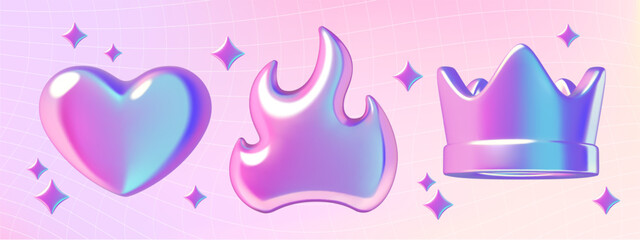 Holographic y2k style heart, flame and crown 3d stickers set on a pink and purple gradient background with sparkling stars. Vector illustration.