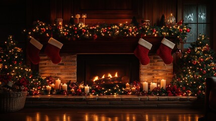 Cozy Christmas fireplace scene with stockings, garland, candles, and trees.