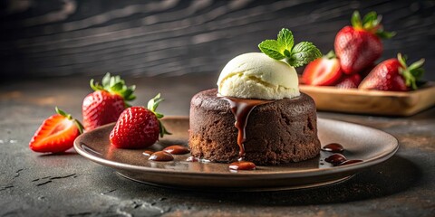 Delectable chocolate lava cake topped with vanilla ice cream and chocolate sauce, served with fresh strawberries on a rustic plate