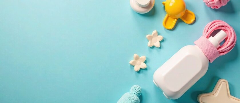 Baby Essentials Flat Lay - Serene Blue Background, High-Quality Photo