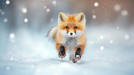 Fototapeta premium A fluffy baby fox with bright orange fur frolics in the shimmering white snow, its playful antics mirroring the whimsical magic of a winter wonderland.