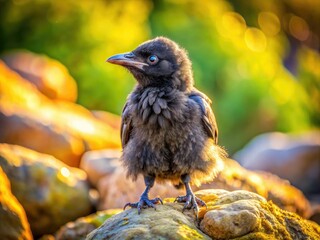 Fototapeta premium Adorable baby crow nestled on rocks; a charming panoramic wildlife shot.