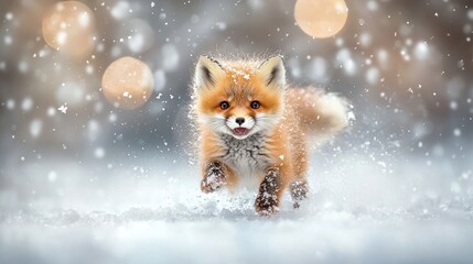 Obraz premium A fluffy baby fox with bright orange fur frolics in the shimmering white snow, its playful antics mirroring the whimsical magic of a winter wonderland.