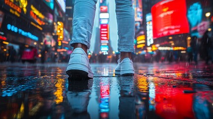 Obraz premium A lone figure in white sneakers stands in the rain on Times Square, with vibrant ads reflecting on the wet pavement, creating a dynamic urban scene.