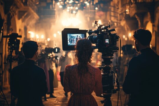 Behind the scenes of a film shoot. Cameras are set up to capture the moment. A creative process unfolds with passion and dedication. Generative AI