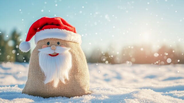 Merry christmas xmas saint nicholas day celebration concept. greeting card - Funny Santa claus snowman with santa hat in the snow with blue sky in the background