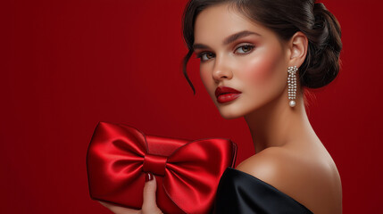 Naklejka premium Elegant Woman Holding Red Satin Bow Clutch