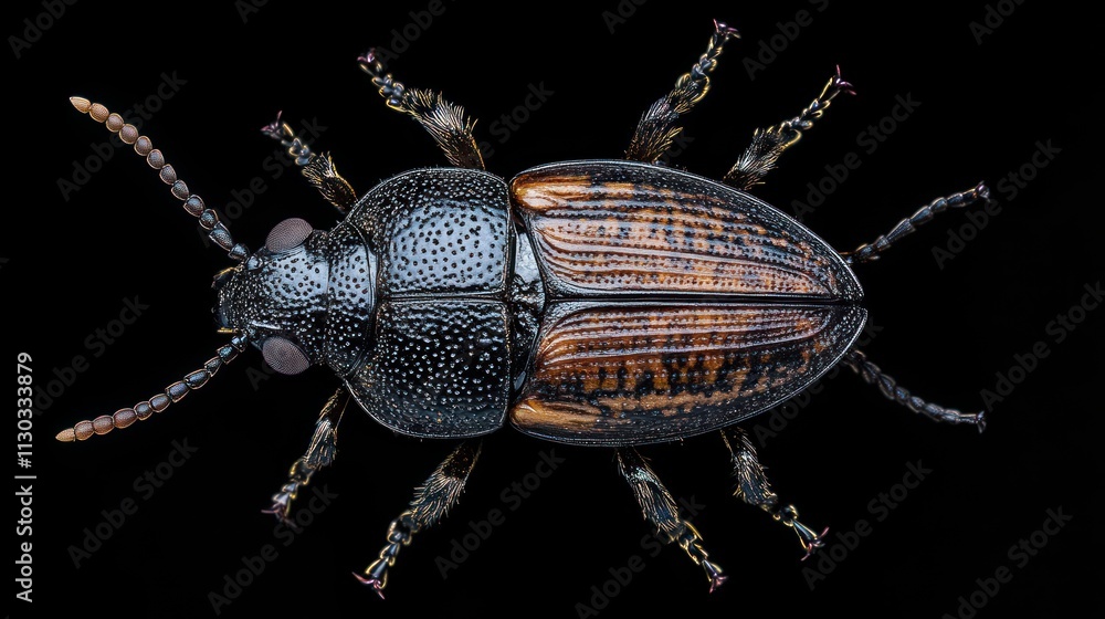 Poster A detailed macro image of a beetle showcasing its intricate features and textures.