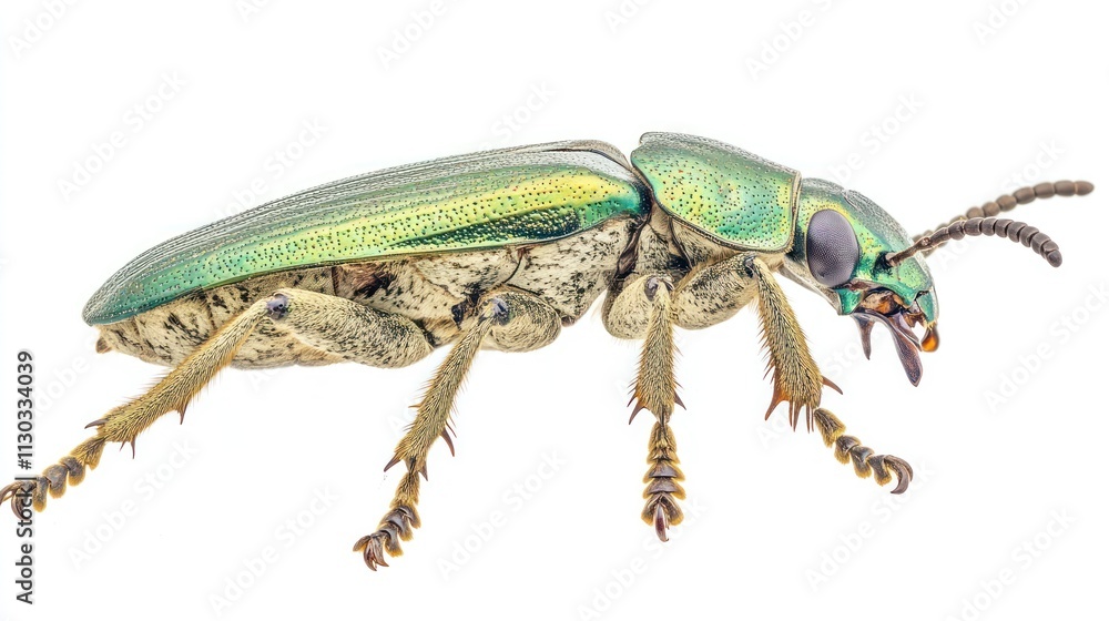Poster a detailed macro image of a vibrant green beetle showcasing its intricate features.