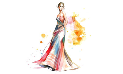 Fashion sketch design featuring woman in colorful gown with watercolor splashes, showcasing elegance and style in vibrant artistic representation
