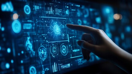 futuristic learning interface, hovering holographic display, navy blue environment, dramatic lighting, clean tech aesthetic, professional studio photography, particle light effects