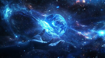 Obraz premium advanced educational technology scene, floating digital elements, deep space background, ethereal blue glow, cinematic technology photography, precise hand positioning, beam light effects