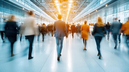 The photo captures a dynamic scene of a bustling office lobby filled with a blurred crowd of business people walking swiftly, creating a sense of urgency and motion