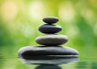 Obraz premium Stack of zen stones balancing on water with green background. Closeup of balancing rock stack pyramid for mediation Zen-like image.