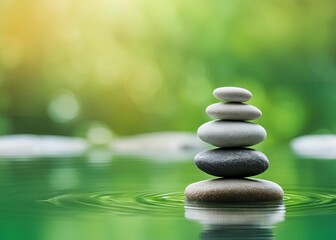 Obraz premium Stack of zen stones balancing on water with green background. Closeup of balancing rock stack pyramid for mediation Zen-like image.