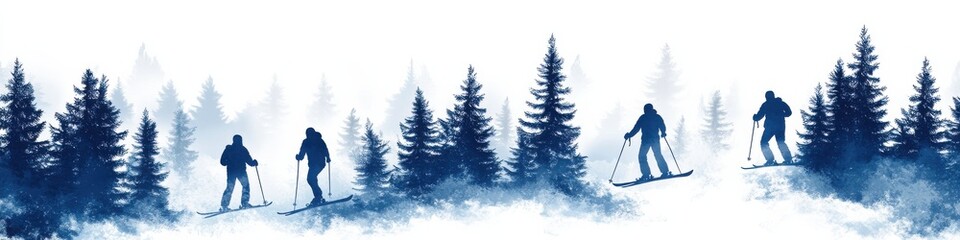 Obraz premium Winter Skiing Action, Three Skiers in Motion, Snow-covered Landscape, Panoramic View of Slope, Evergreen Pine Trees, Bright and Vibrant
