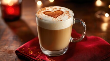 Creamy Coffee Drink with Heart Design and Festive Atmosphere