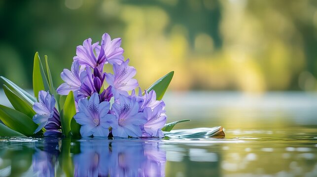 Vivid water hyacinths float gracefully on a tranquil river, their bright purple flowers sharp and radiant, set against a beautifully blurred natural background. qqw