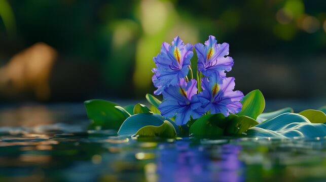 Vivid water hyacinths float gracefully on a tranquil river, their bright purple flowers sharp and radiant, set against a beautifully blurred natural background. qqw