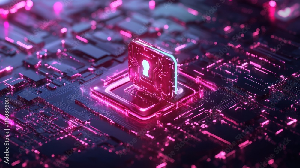 Fototapete a digital representation of cybersecurity with a glowing lock symbol on a circuit board.
