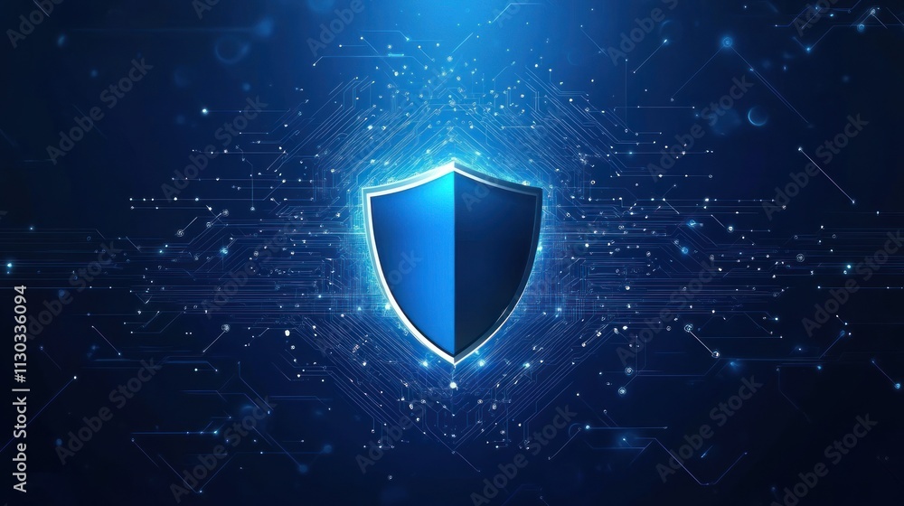 Poster a digital shield icon representing cybersecurity and protection in a technological context.