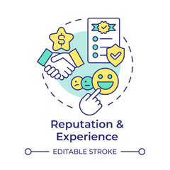 Fototapeta premium Reputation and expertise multi color concept icon. Proven expertise. Choosing contract manufacturer. Round shape line illustration. Abstract idea. Graphic design. Easy to use in article