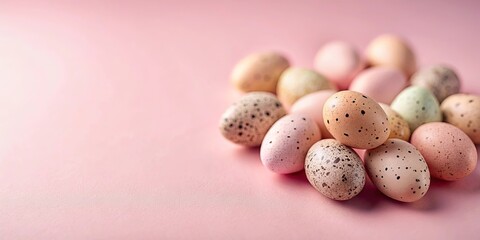 Obraz premium A Pastel Pile of Speckled and Solid-Colored Eggs on a Pink Background