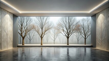 Fototapeta premium Modern Minimalist Interior Design Featuring a Panoramic Window with Bare Trees in a Misty Landscape