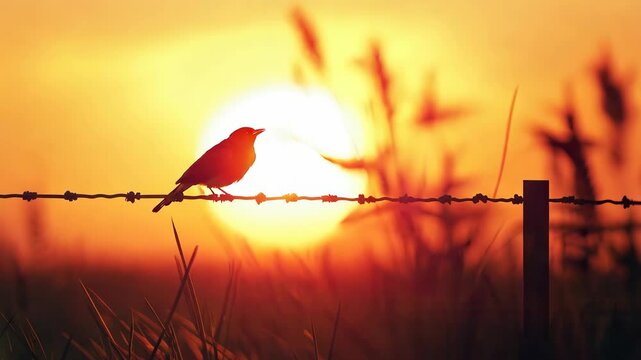 A bird perched on a fence, singing a song as the sun sets in the background