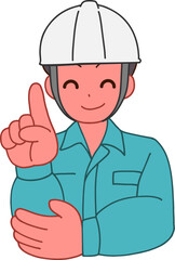 ヘルメットを被り、作業服を着た笑顔で指をさすデフォルメ男性のイラスト