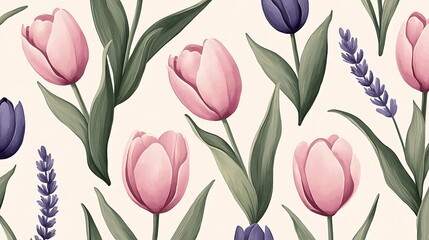 Obraz premium Digital floral artwork close-up of vibrant tulips and lavender in nature