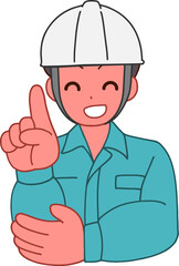 ヘルメットを被り、作業服を着た笑顔で指をさすデフォルメ男性のイラスト