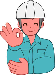 ヘルメットを被り、作業服を着た笑顔でOKする笑顔のデフォルメ男性のイラスト