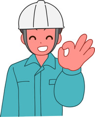 ヘルメットを被り、作業服を着たOKする笑顔のデフォルメ男性のイラスト