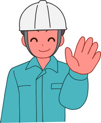 ヘルメットを被り、作業服を着た挨拶する笑顔のデフォルメ男性のイラスト